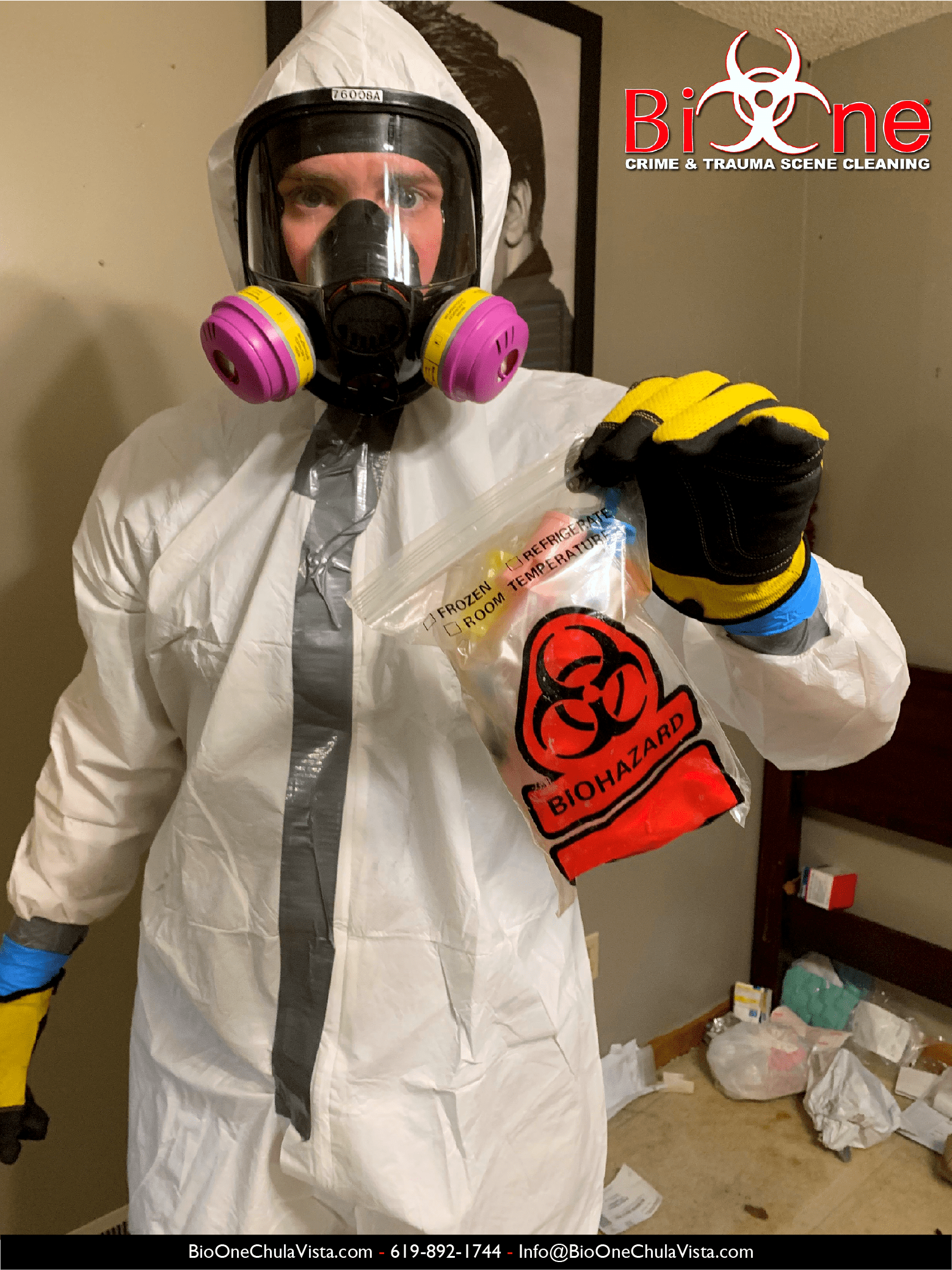 Image shows Bio-One technician holding a small bag of biohazardous waste.