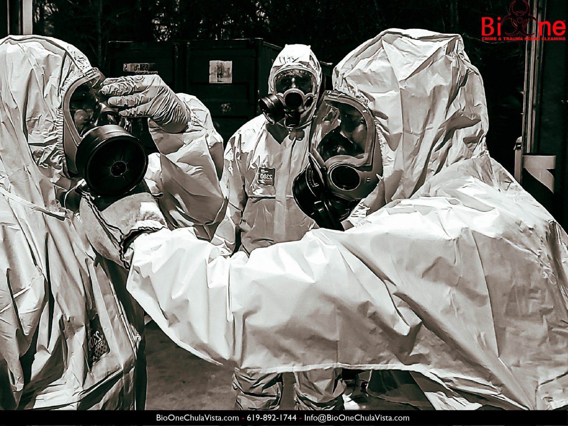 Bio-One technicians in full hazmat suits. Photo credit: Bio-One of Chula Vista.