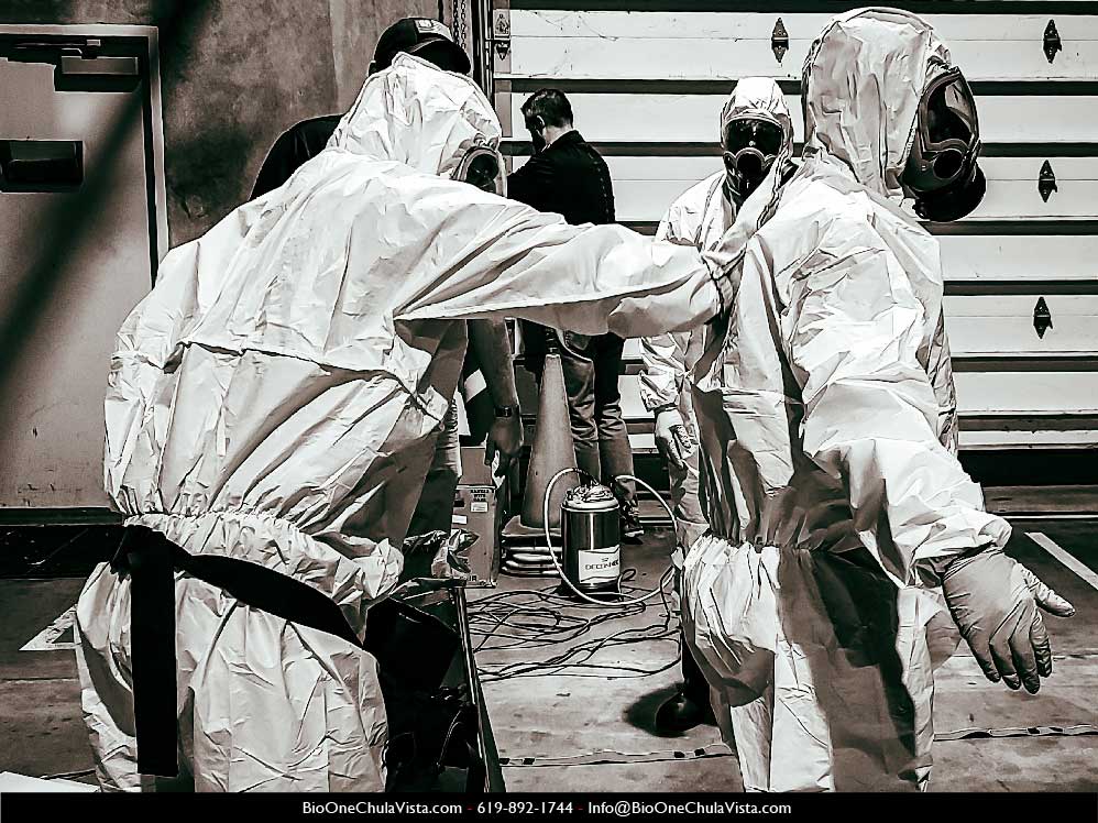 Bio-One technicians preparing for biohazard cleanup. Photo credit: Bio-One of Chula Vista.