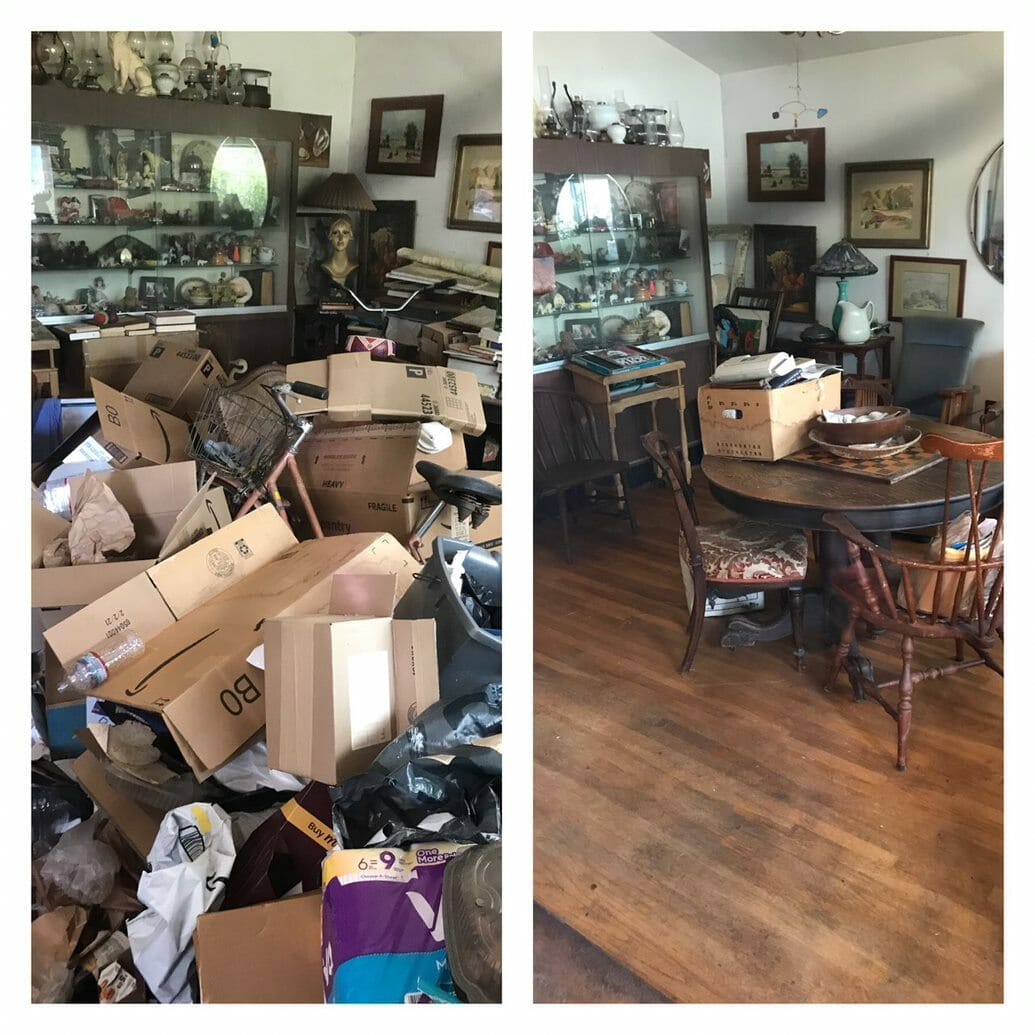 Image shows a before-and-after scenario of a living room. Bio-One of Chula Vista specialists cleared the clutter and trash.